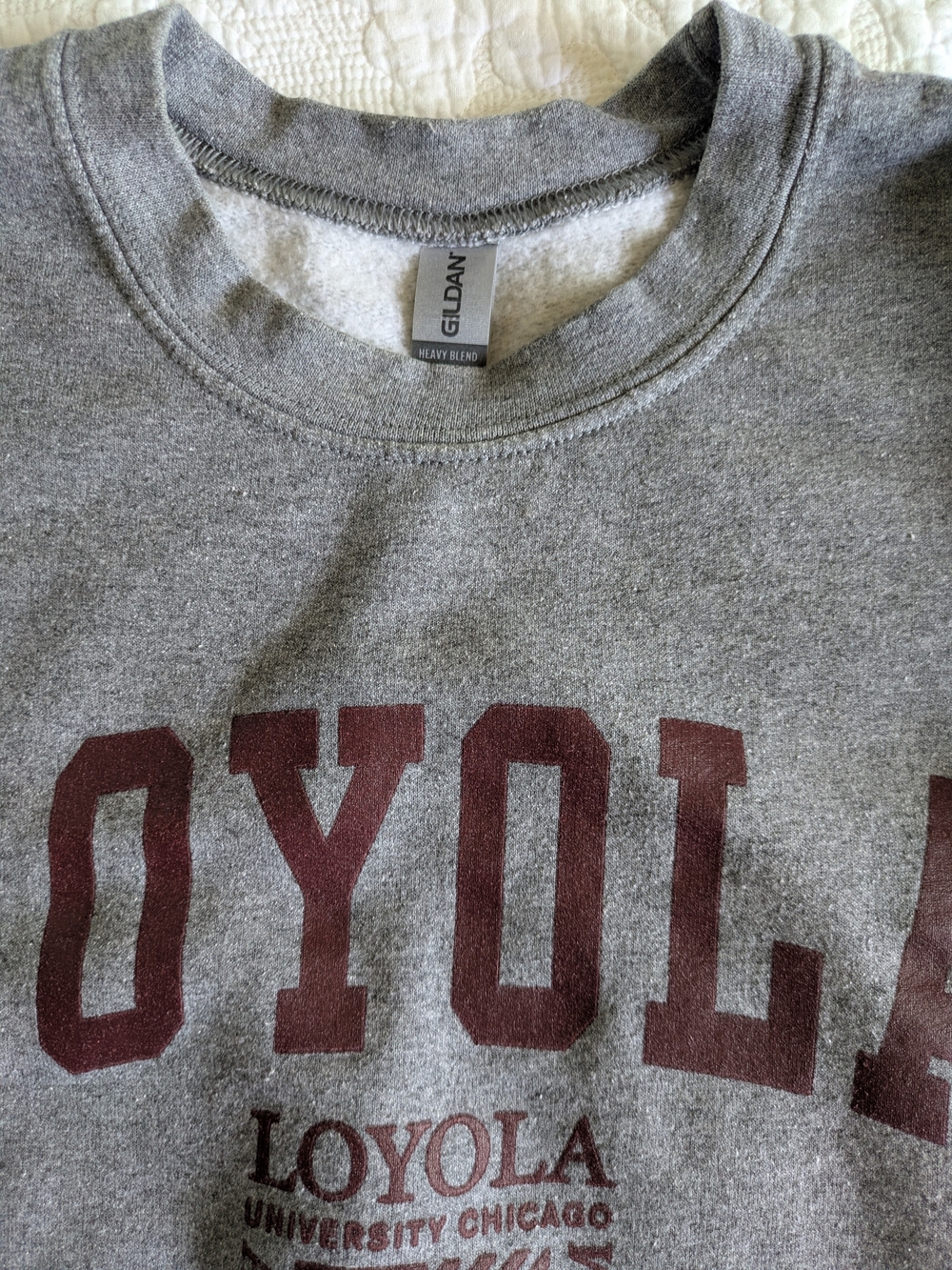 Gildan Collegiate Gray Loyola Crewneck Sweatshirt with Maroon Logo - Picture 7 of 7
